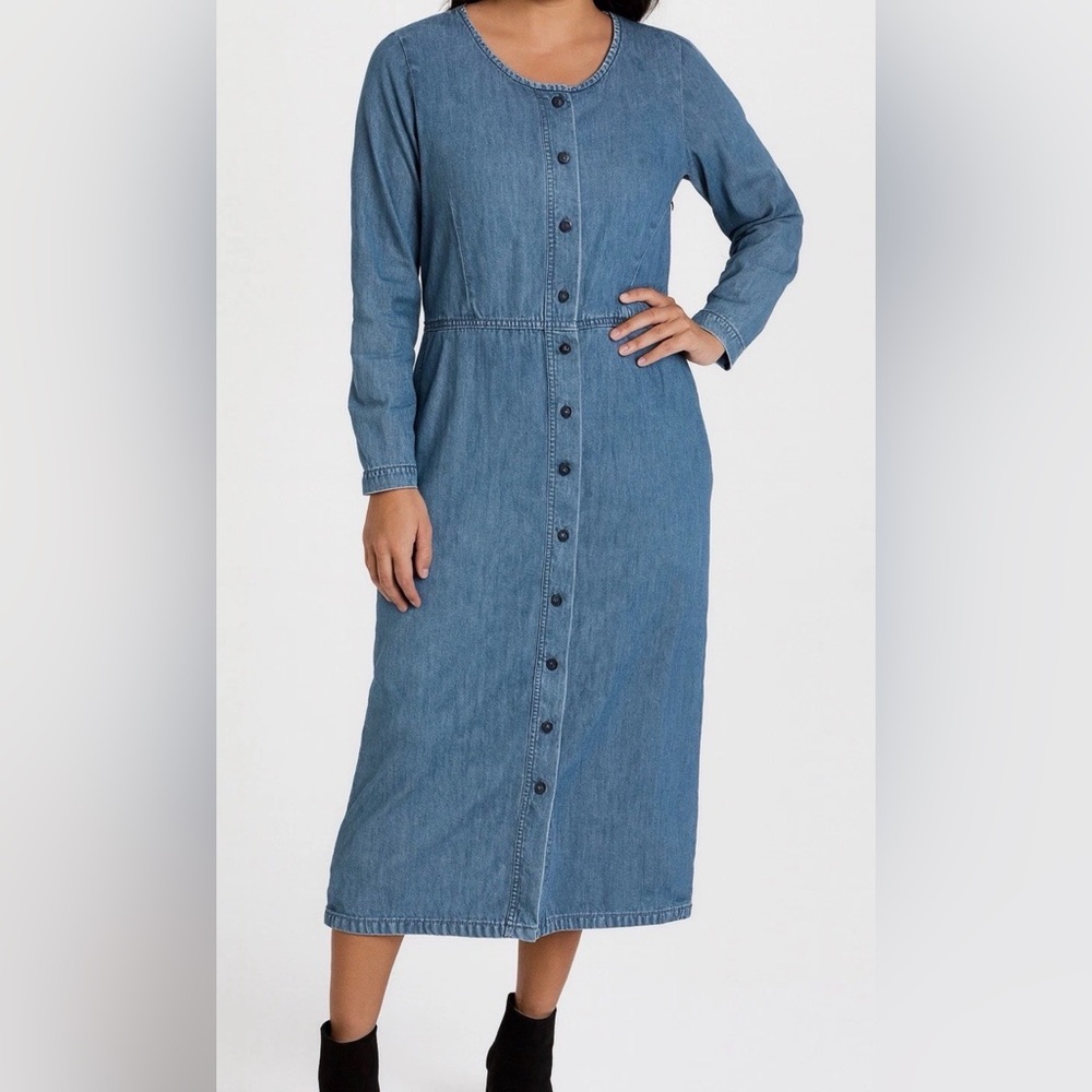 L.L. Bean Denim Maxi Dress Blue Long Sleeve Modest Button Front Womens 10 Petite